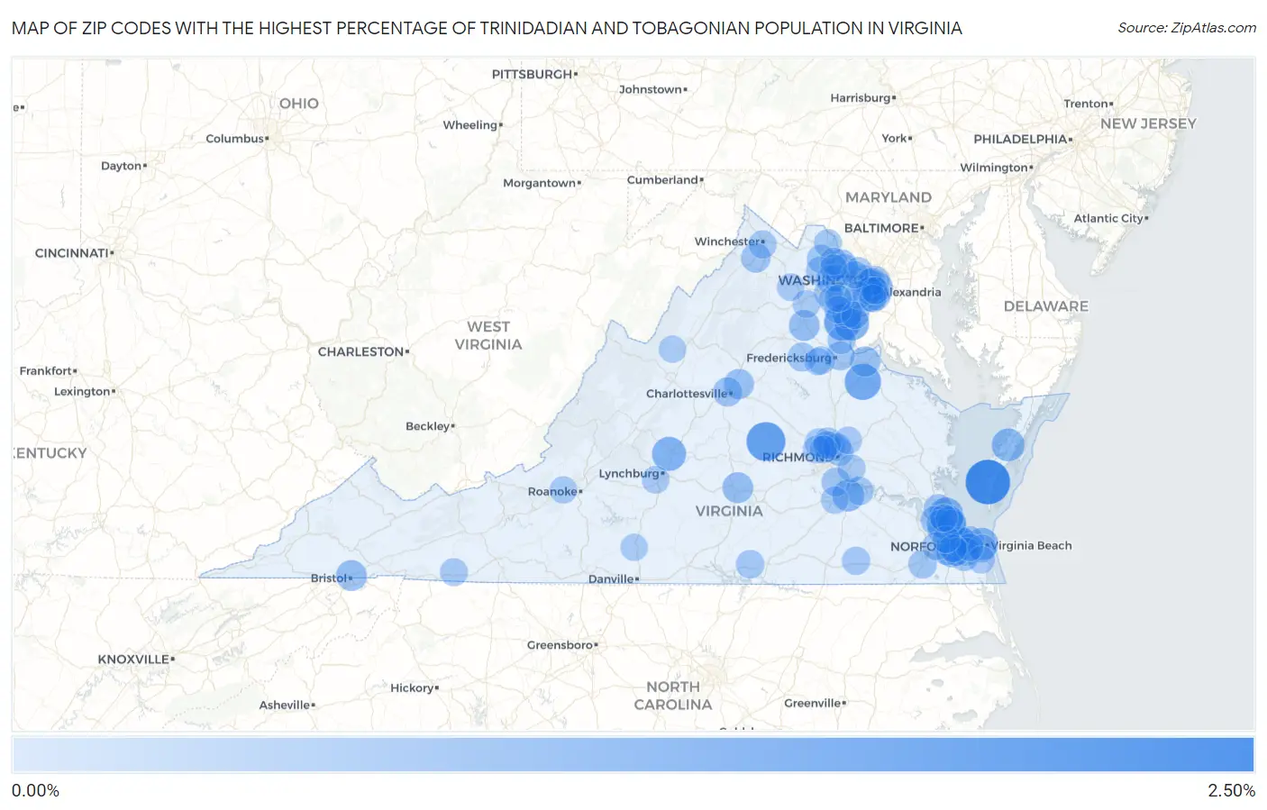 Zip Codes with the Highest Percentage of Trinidadian and Tobagonian Population in Virginia Map