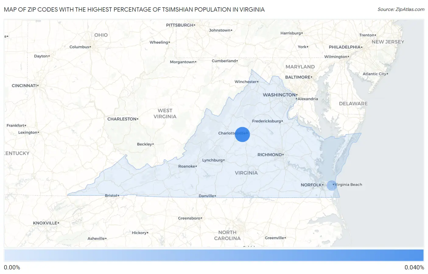 Zip Codes with the Highest Percentage of Tsimshian Population in Virginia Map
