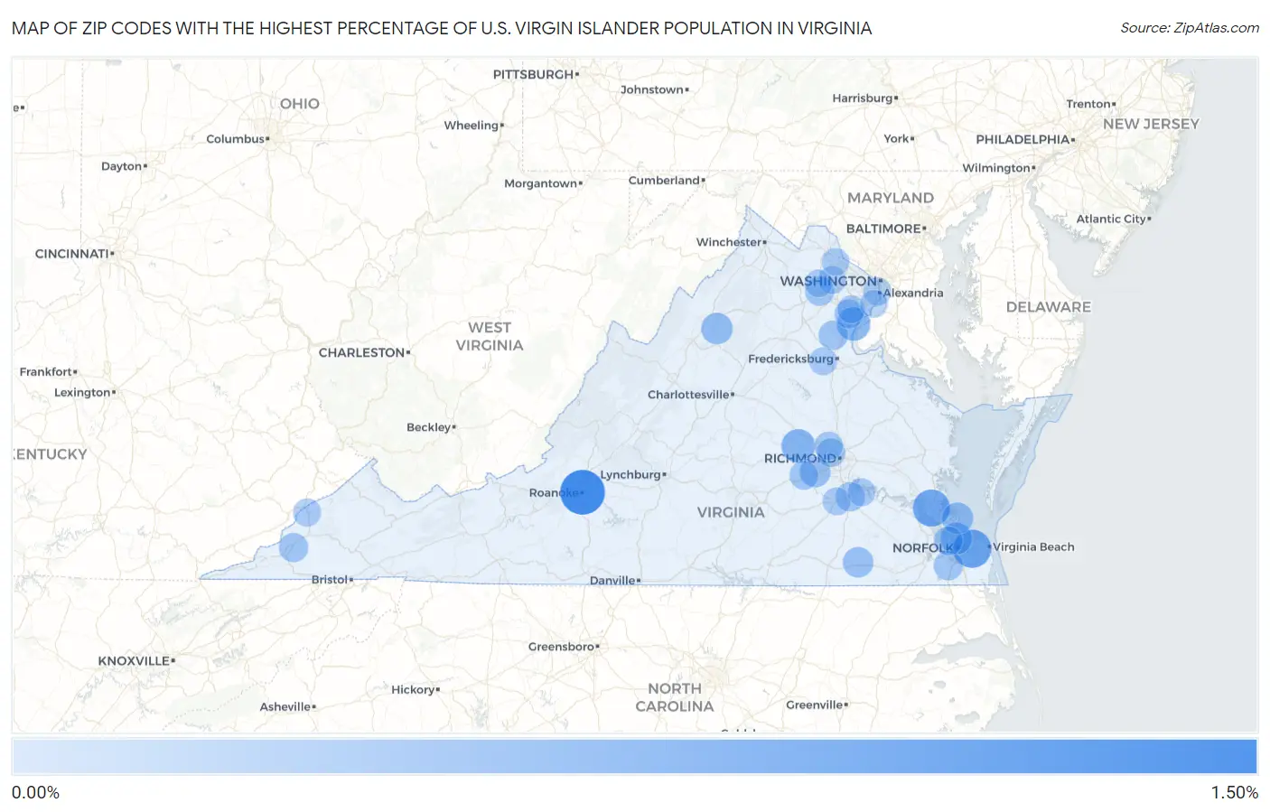 Zip Codes with the Highest Percentage of U.S. Virgin Islander Population in Virginia Map