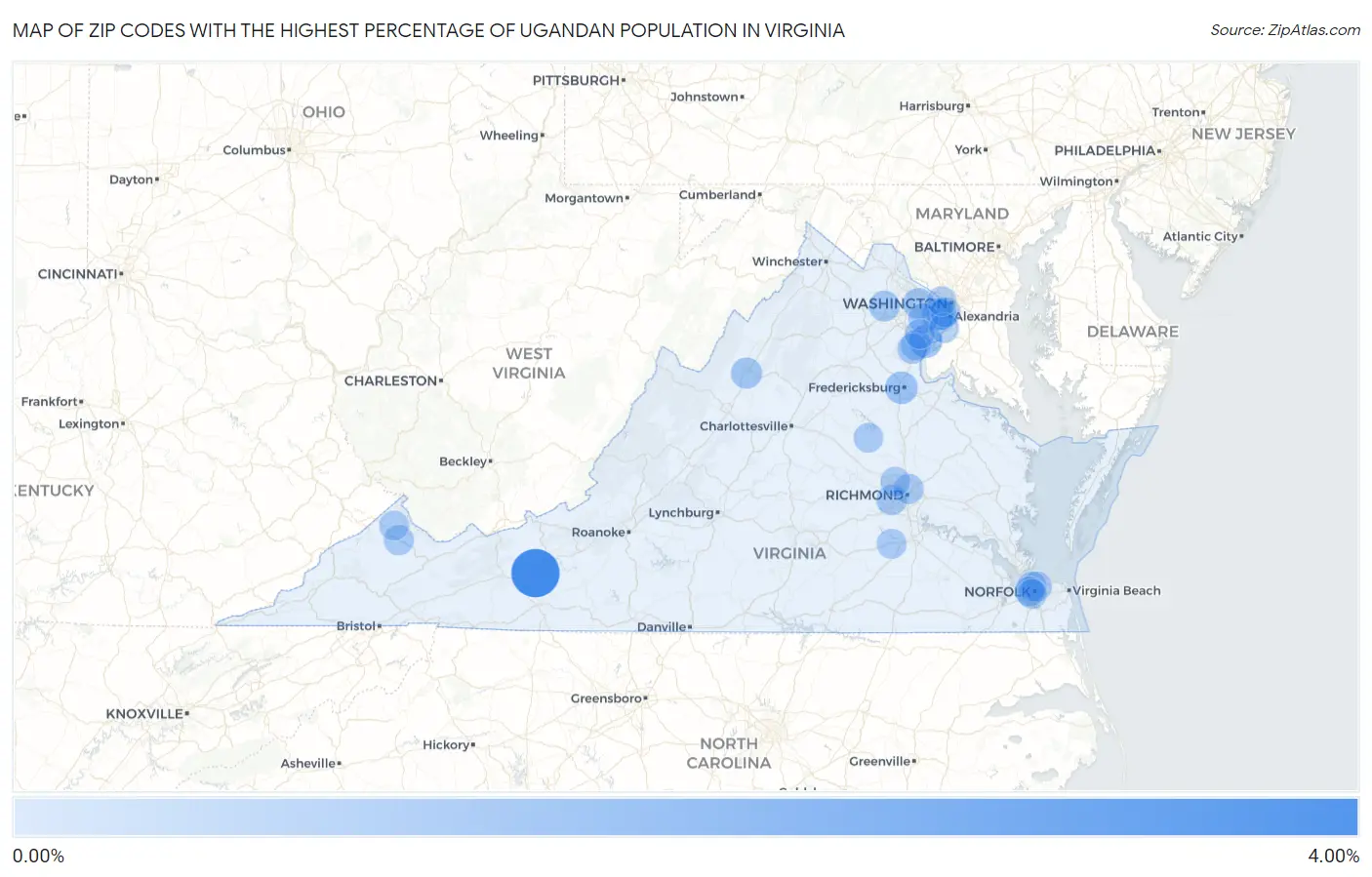 Zip Codes with the Highest Percentage of Ugandan Population in Virginia Map