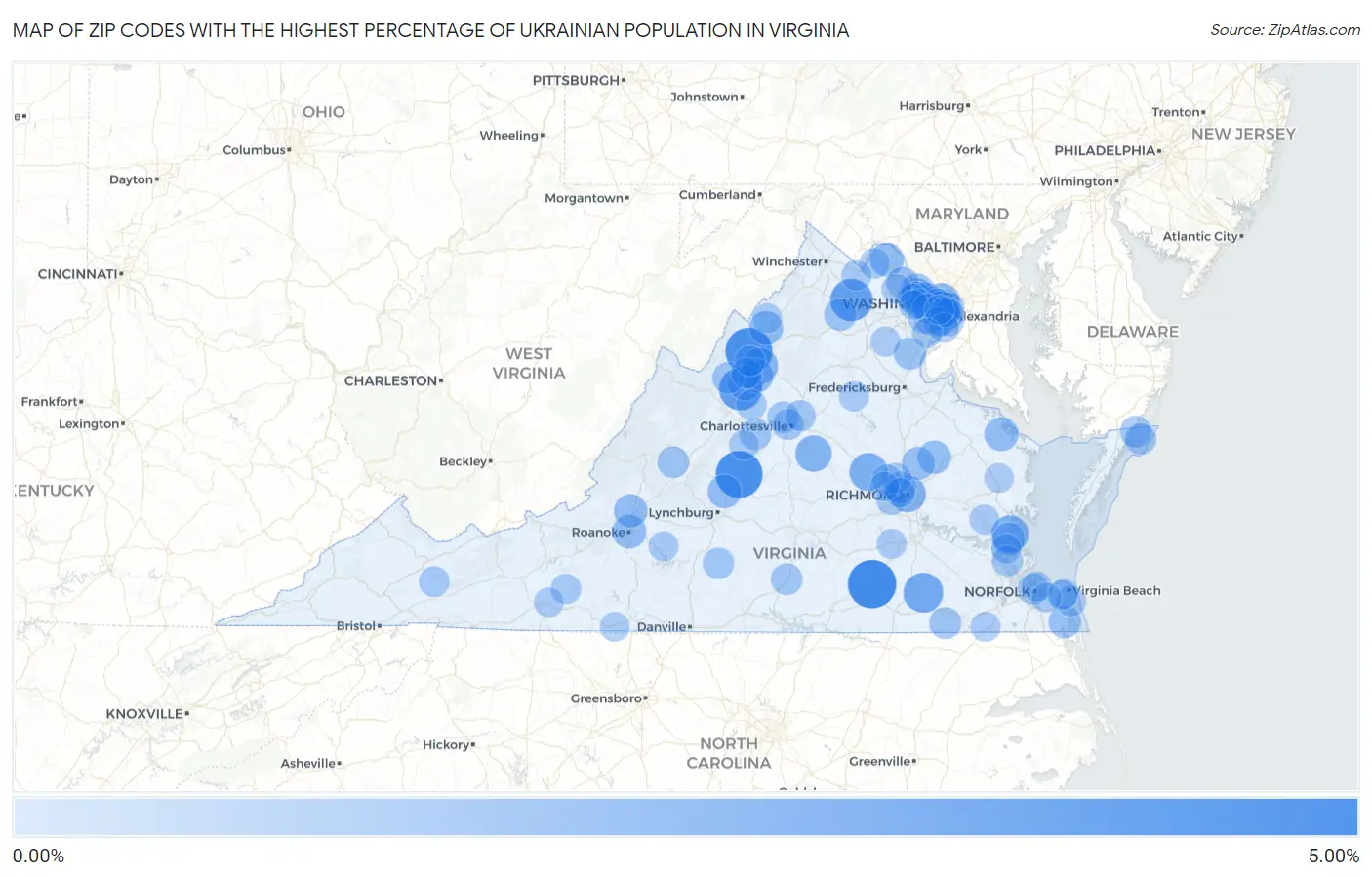 Zip Codes with the Highest Percentage of Ukrainian Population in Virginia Map
