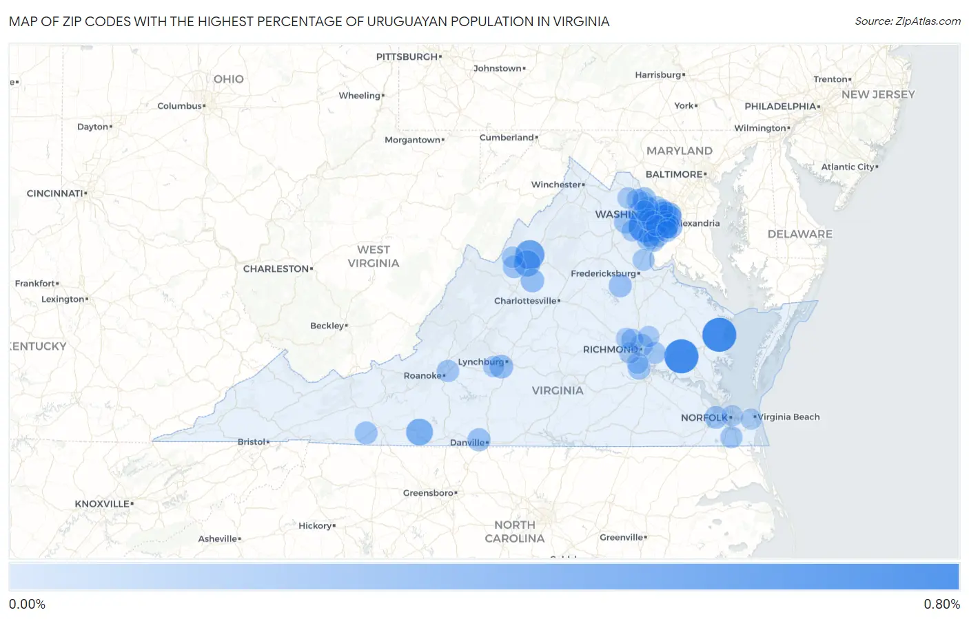 Zip Codes with the Highest Percentage of Uruguayan Population in Virginia Map