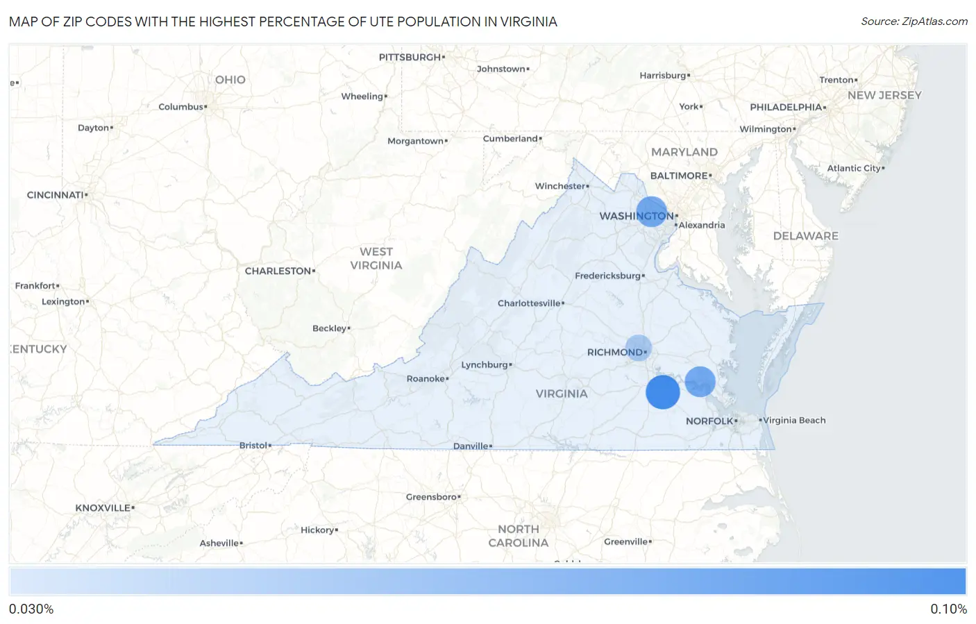 Zip Codes with the Highest Percentage of Ute Population in Virginia Map