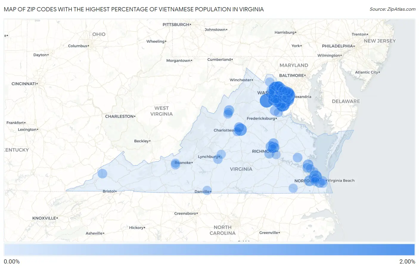 Zip Codes with the Highest Percentage of Vietnamese Population in Virginia Map