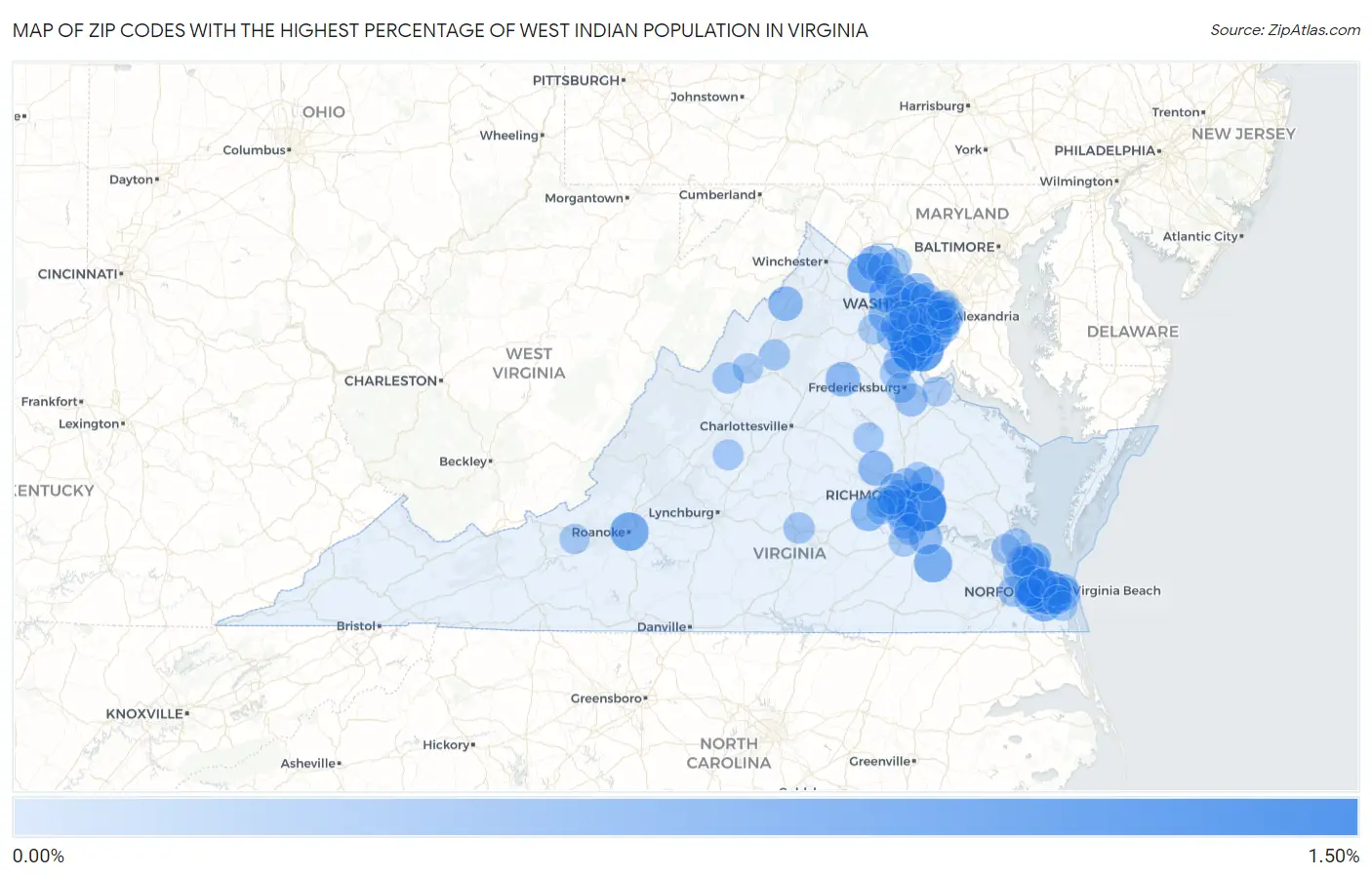 Zip Codes with the Highest Percentage of West Indian Population in Virginia Map