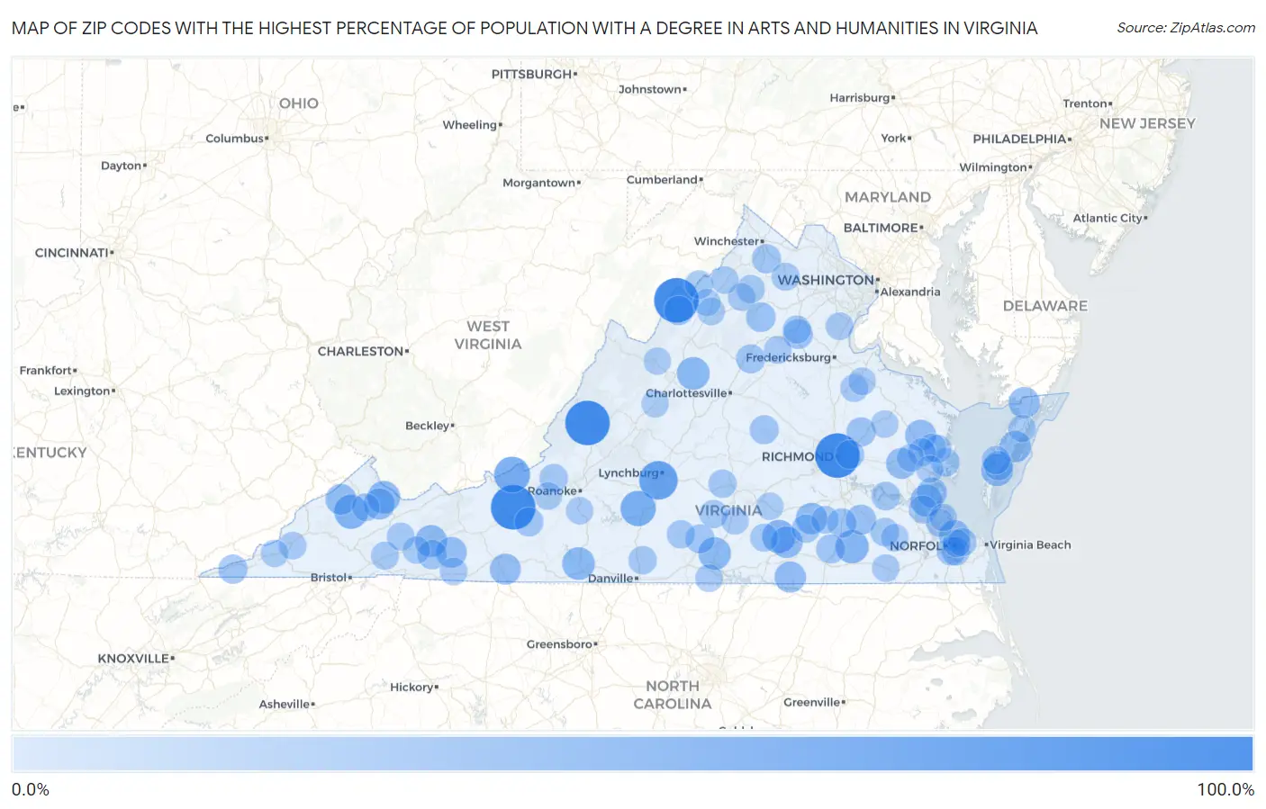 Zip Codes with the Highest Percentage of Population with a Degree in Arts and Humanities in Virginia Map