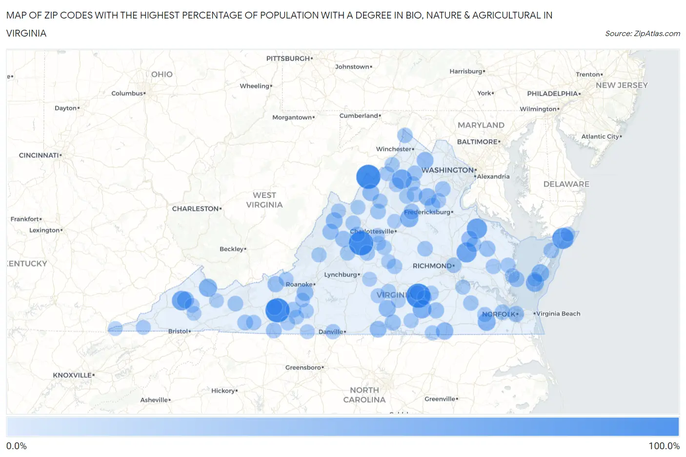 Zip Codes with the Highest Percentage of Population with a Degree in Bio, Nature & Agricultural in Virginia Map