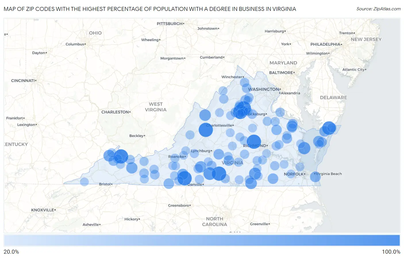 Zip Codes with the Highest Percentage of Population with a Degree in Business in Virginia Map