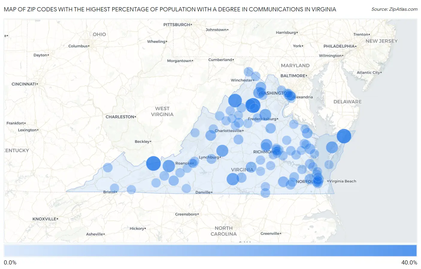 Zip Codes with the Highest Percentage of Population with a Degree in Communications in Virginia Map