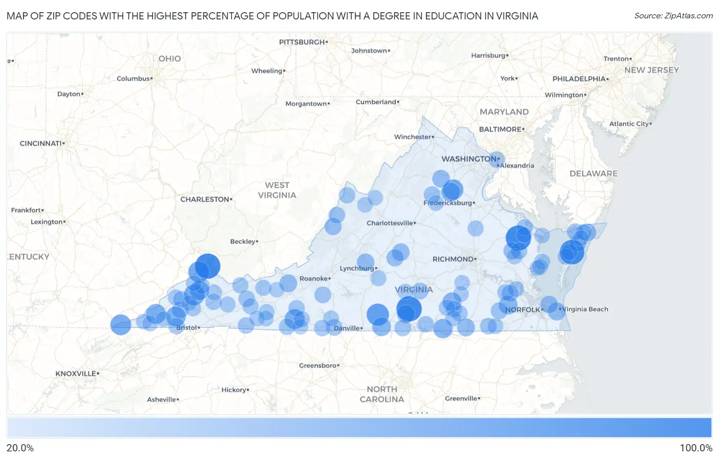 Zip Codes with the Highest Percentage of Population with a Degree in Education in Virginia Map