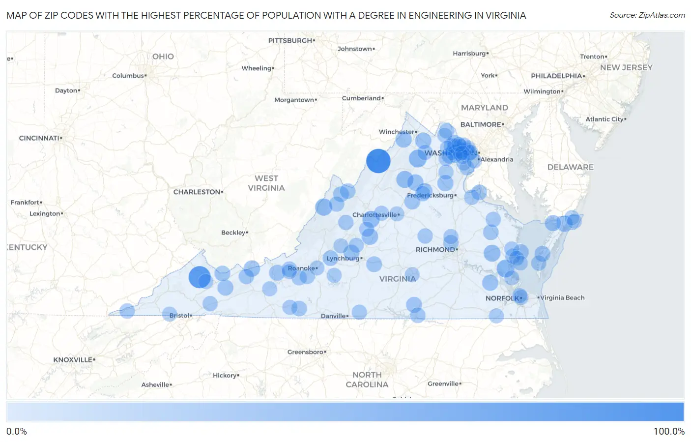 Zip Codes with the Highest Percentage of Population with a Degree in Engineering in Virginia Map