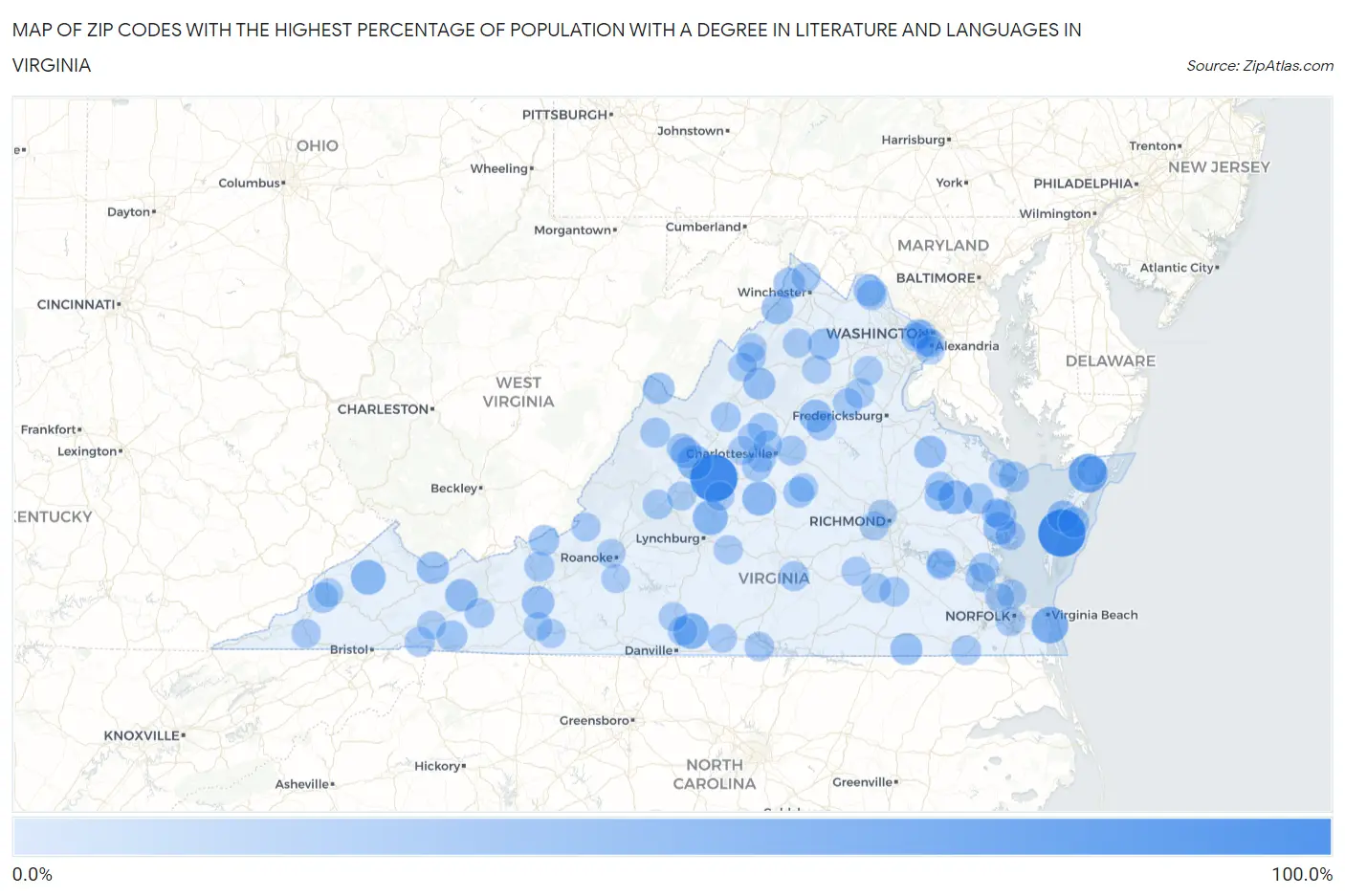 Zip Codes with the Highest Percentage of Population with a Degree in Literature and Languages in Virginia Map