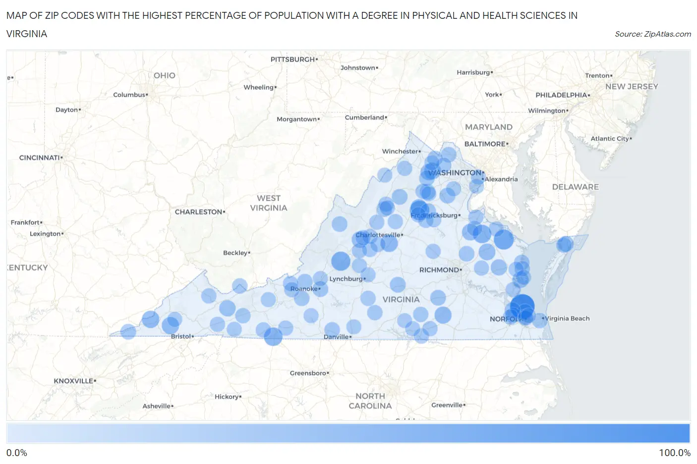 Zip Codes with the Highest Percentage of Population with a Degree in Physical and Health Sciences in Virginia Map