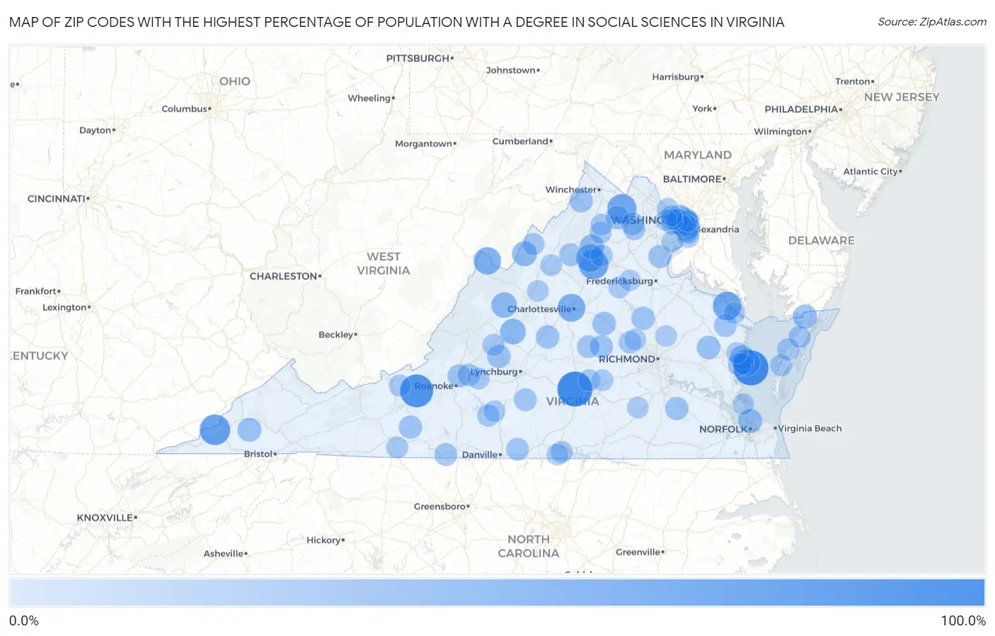 Zip Codes with the Highest Percentage of Population with a Degree in Social Sciences in Virginia Map