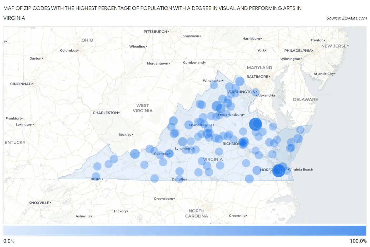 Zip Codes with the Highest Percentage of Population with a Degree in Visual and Performing Arts in Virginia Map