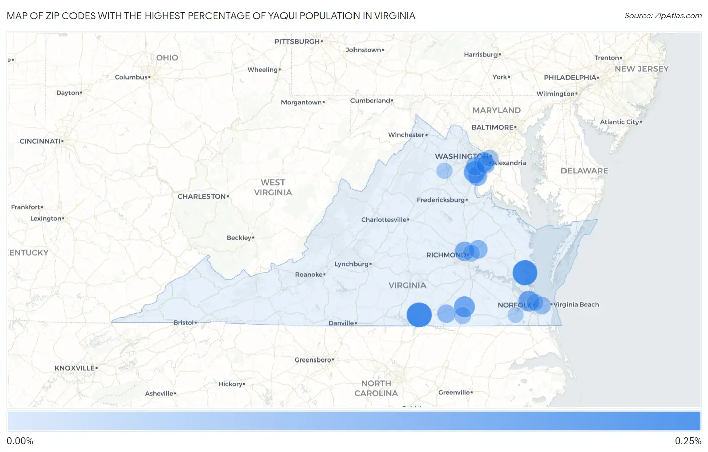 Zip Codes with the Highest Percentage of Yaqui Population in Virginia Map