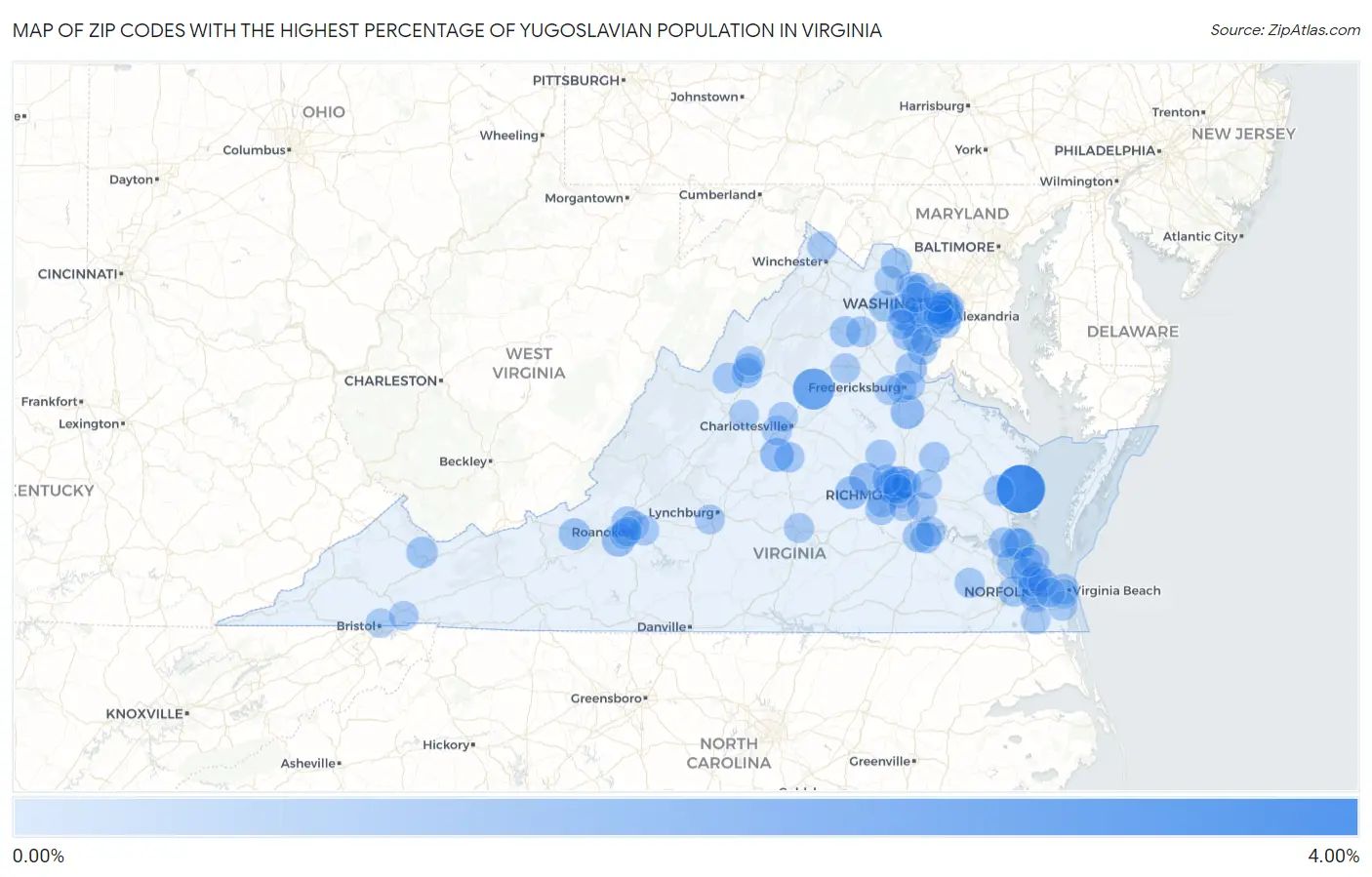Zip Codes with the Highest Percentage of Yugoslavian Population in Virginia Map