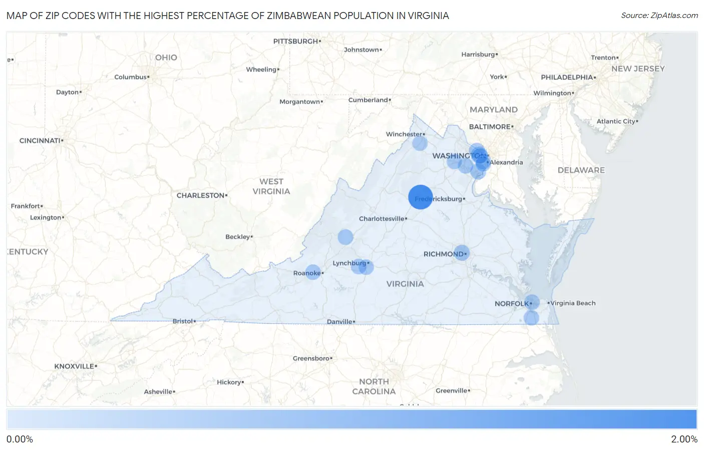 Zip Codes with the Highest Percentage of Zimbabwean Population in Virginia Map