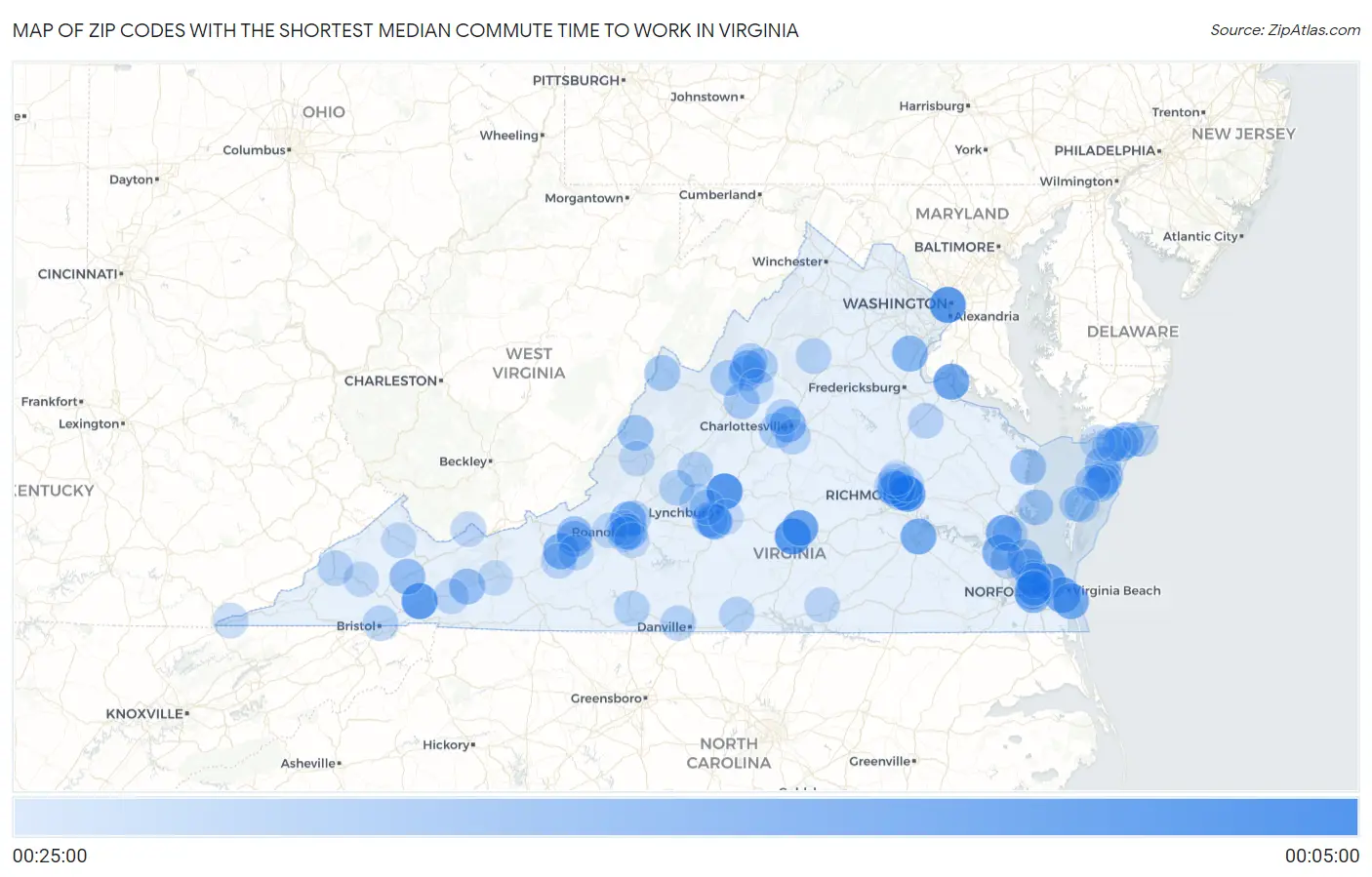 Zip Codes with the Shortest Median Commute Time to Work in Virginia Map