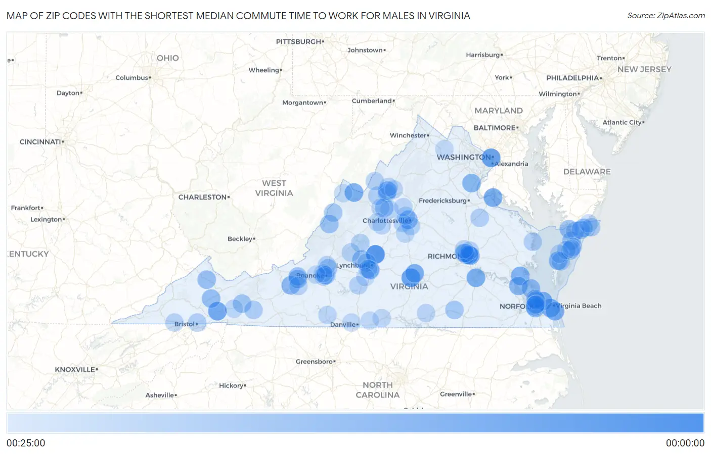 Zip Codes with the Shortest Median Commute Time to Work for Males in Virginia Map