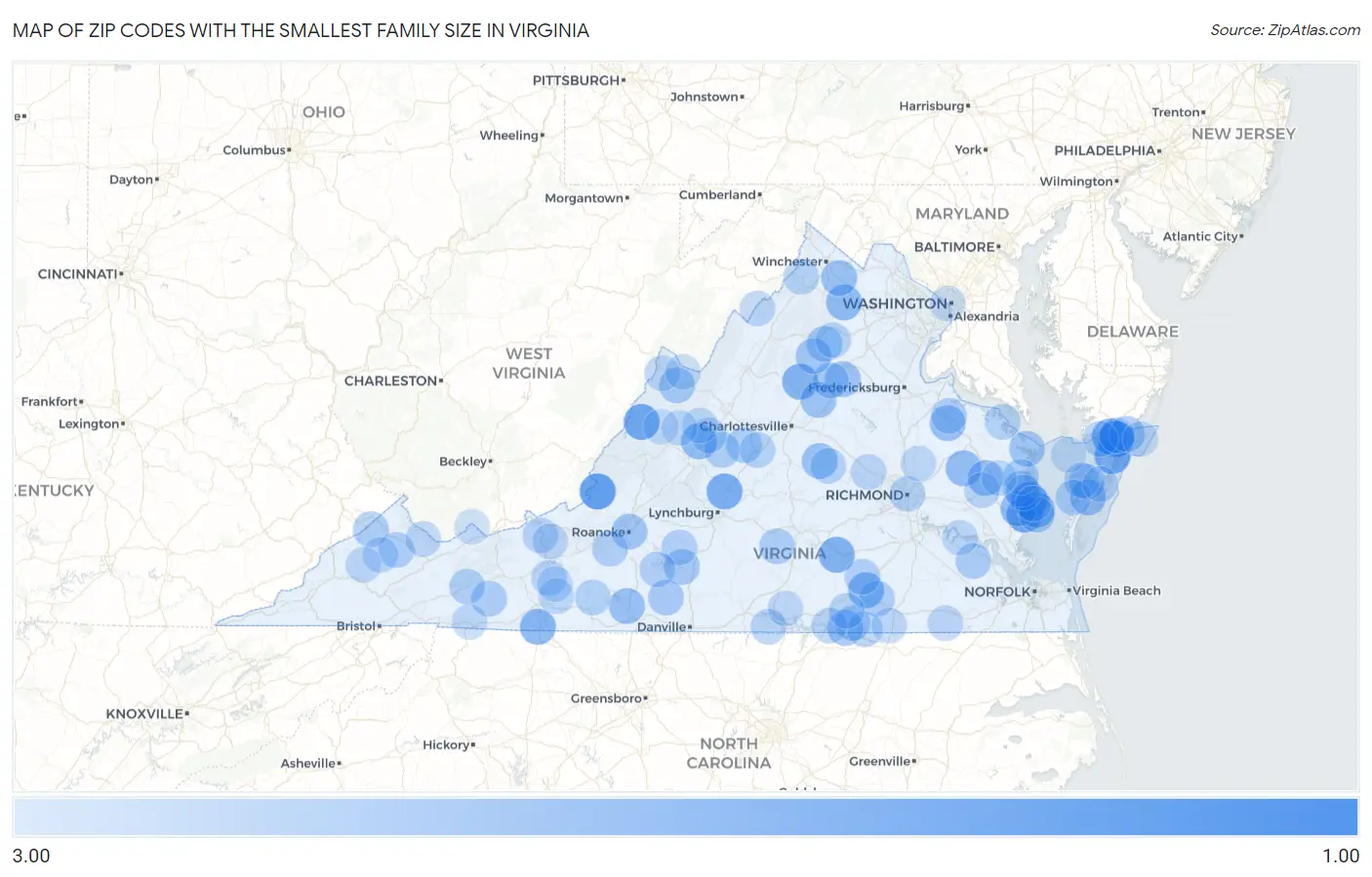 Zip Codes with the Smallest Family Size in Virginia Map