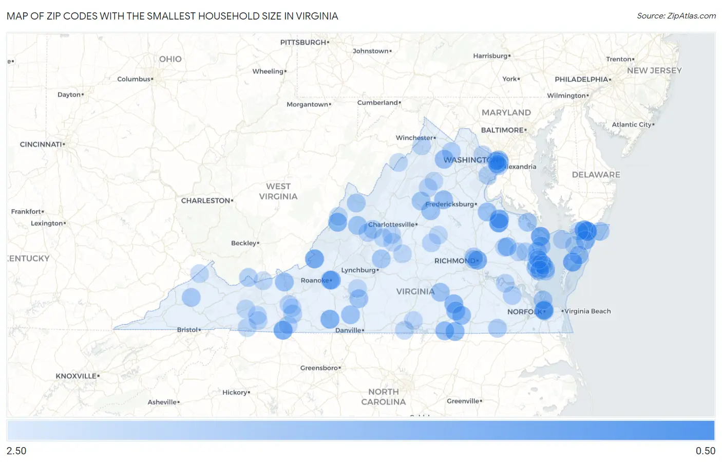 Zip Codes with the Smallest Household Size in Virginia Map