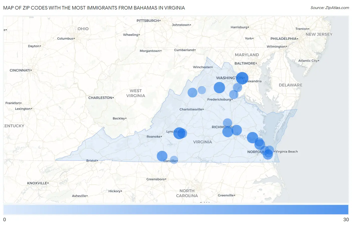Zip Codes with the Most Immigrants from Bahamas in Virginia Map