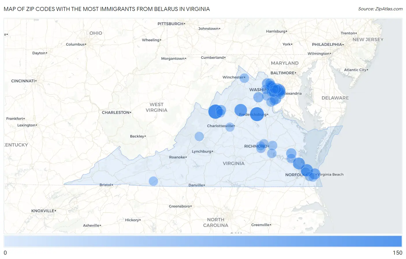Zip Codes with the Most Immigrants from Belarus in Virginia Map