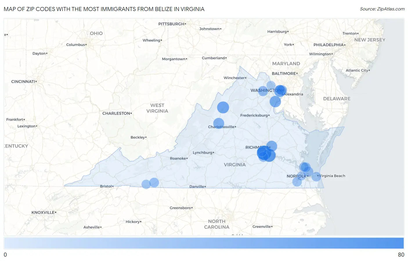 Zip Codes with the Most Immigrants from Belize in Virginia Map