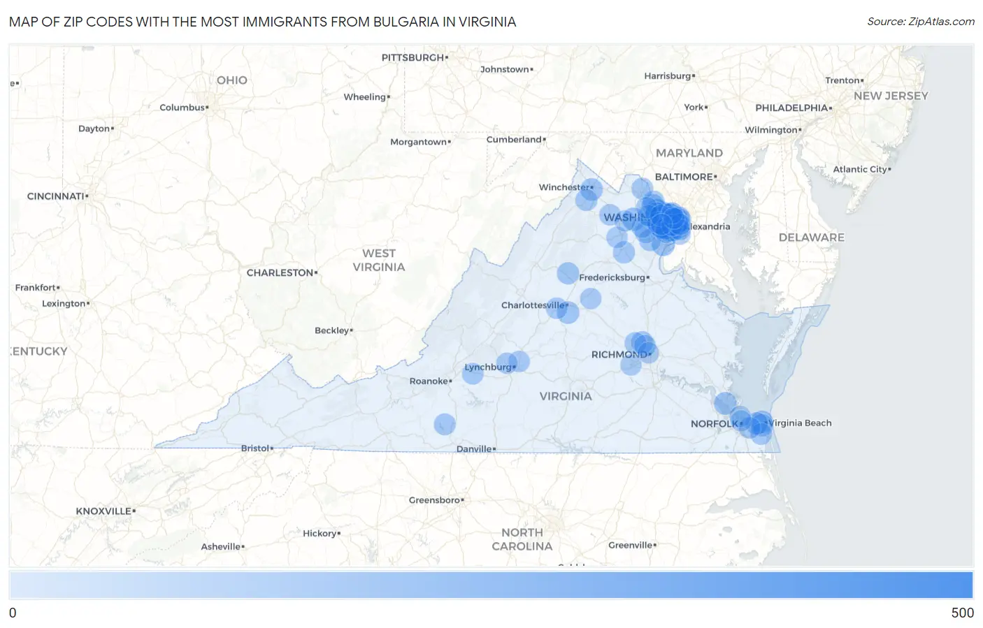 Zip Codes with the Most Immigrants from Bulgaria in Virginia Map
