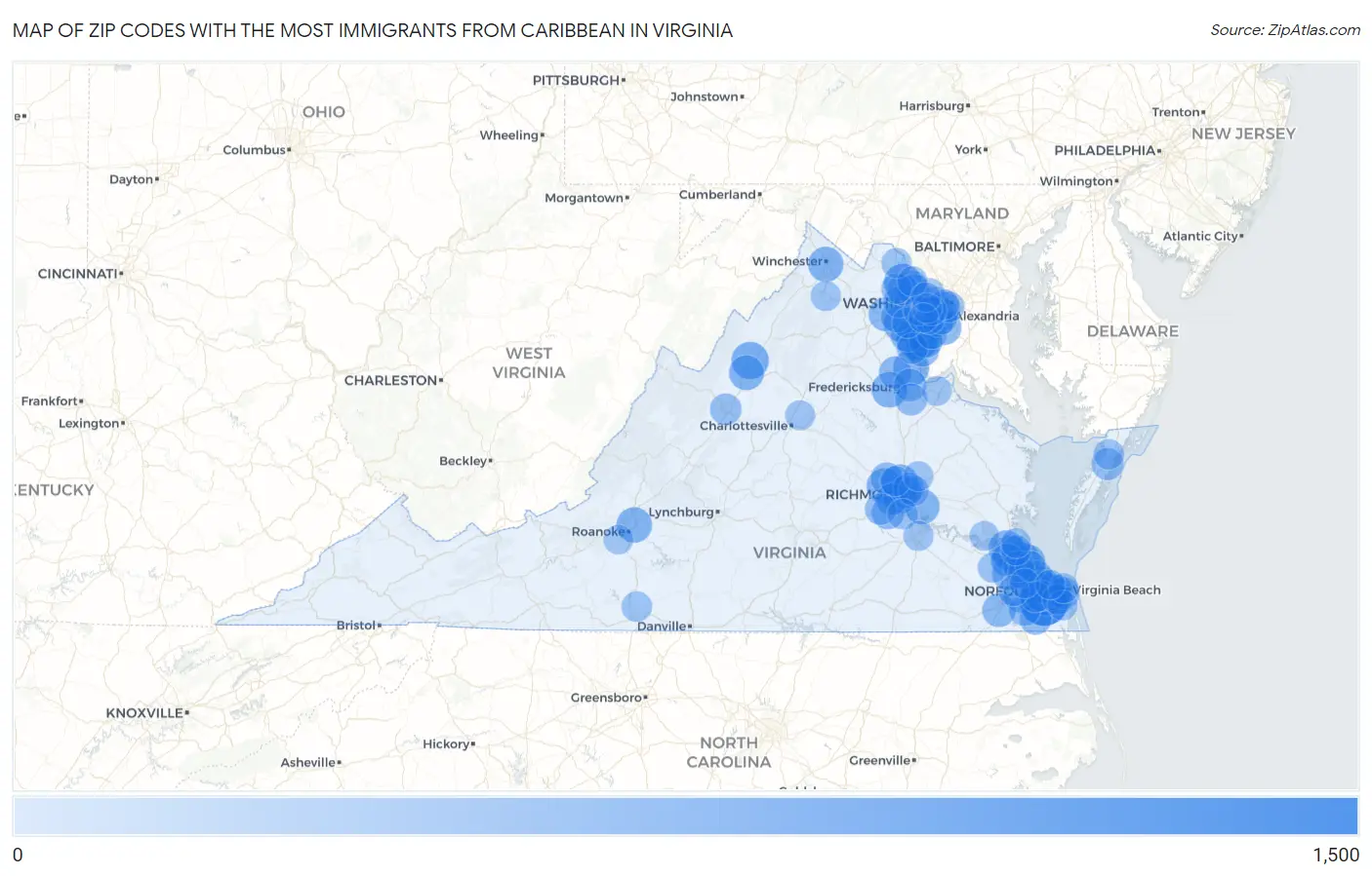 Zip Codes with the Most Immigrants from Caribbean in Virginia Map