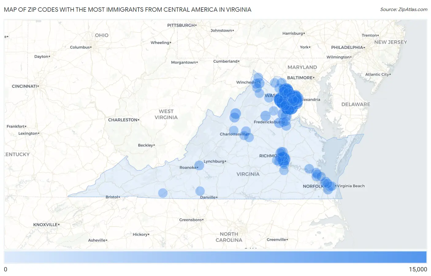Zip Codes with the Most Immigrants from Central America in Virginia Map