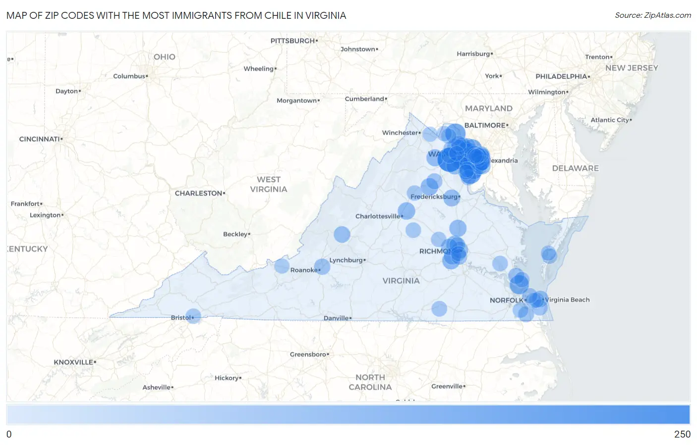 Zip Codes with the Most Immigrants from Chile in Virginia Map