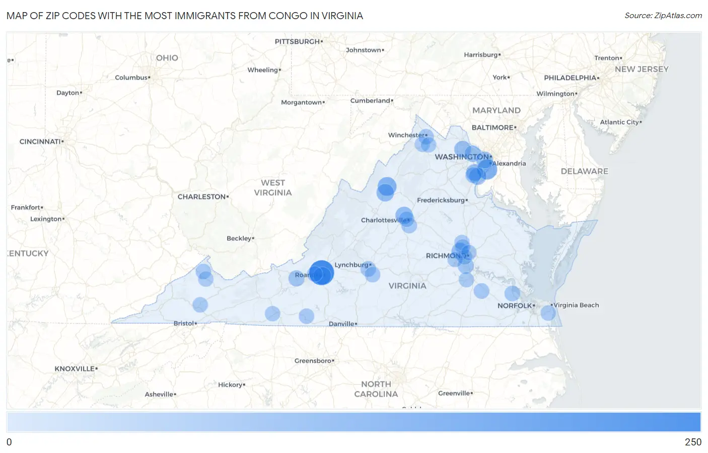 Zip Codes with the Most Immigrants from Congo in Virginia Map