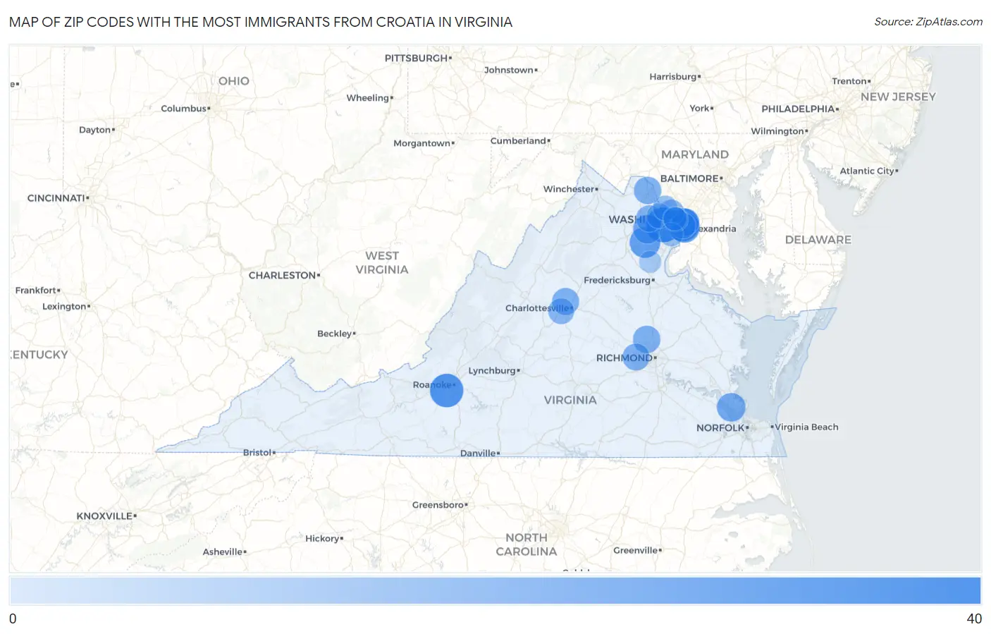 Zip Codes with the Most Immigrants from Croatia in Virginia Map