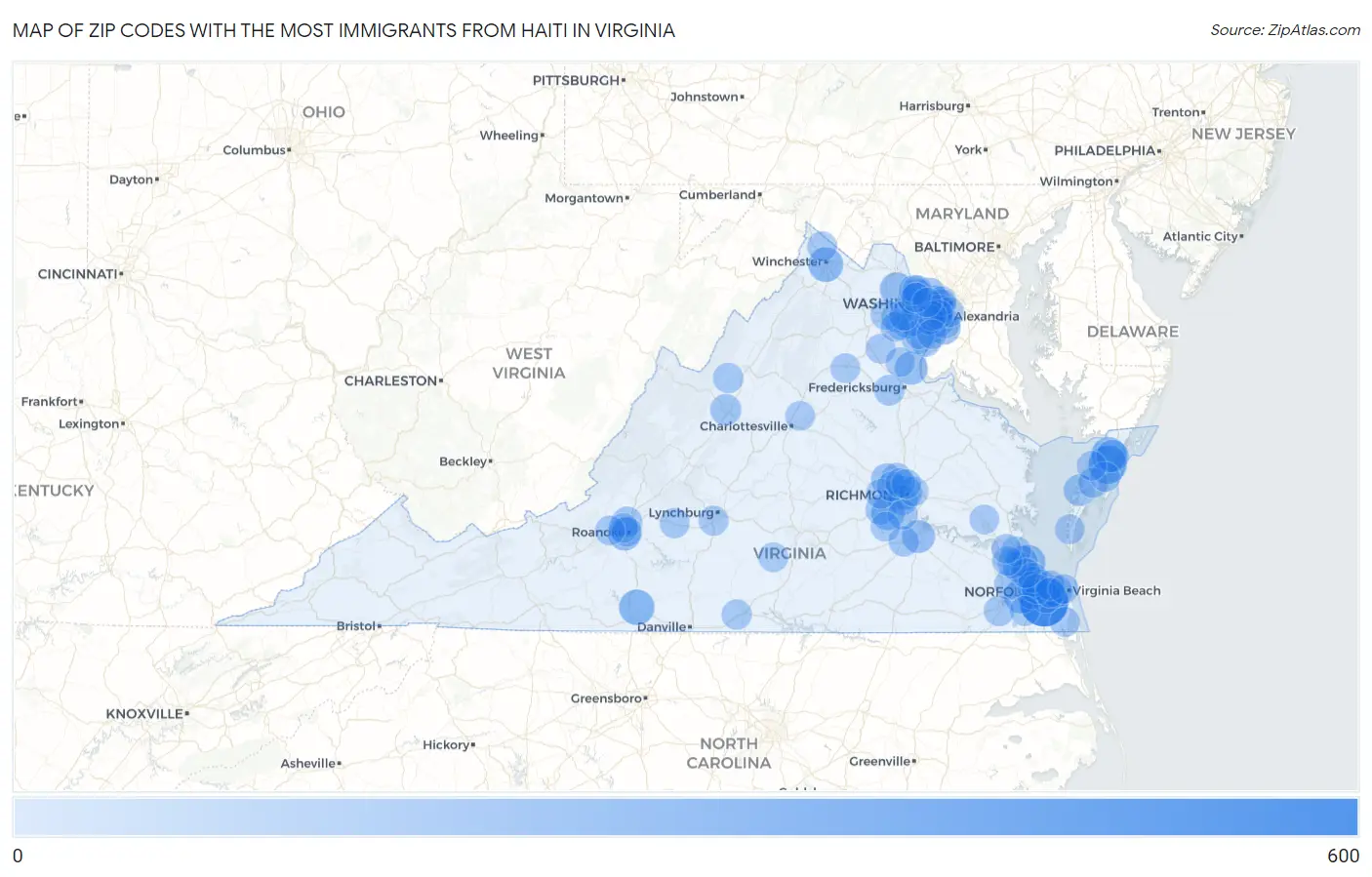 Zip Codes with the Most Immigrants from Haiti in Virginia Map