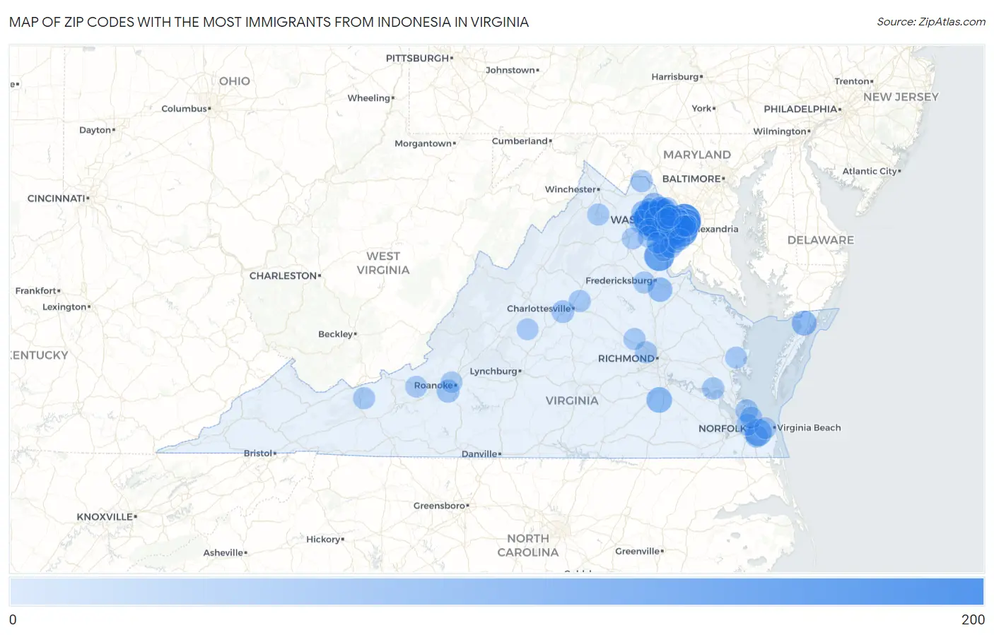 Zip Codes with the Most Immigrants from Indonesia in Virginia Map