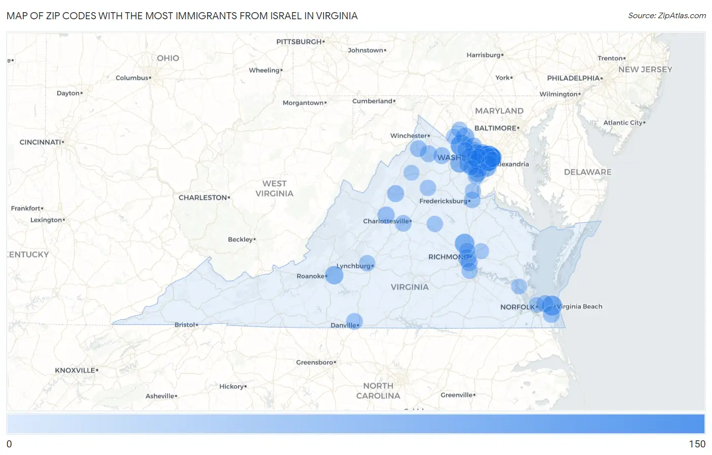Zip Codes with the Most Immigrants from Israel in Virginia Map
