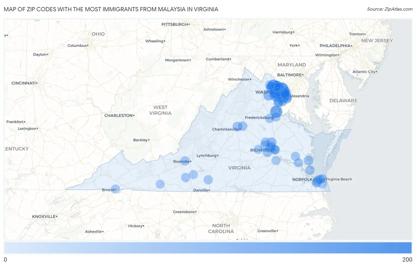 Zip Codes with the Most Immigrants from Malaysia in Virginia Map