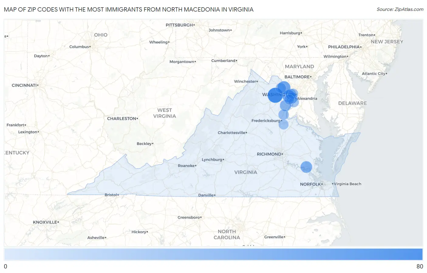 Zip Codes with the Most Immigrants from North Macedonia in Virginia Map