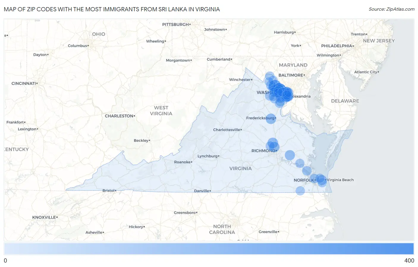 Zip Codes with the Most Immigrants from Sri Lanka in Virginia Map