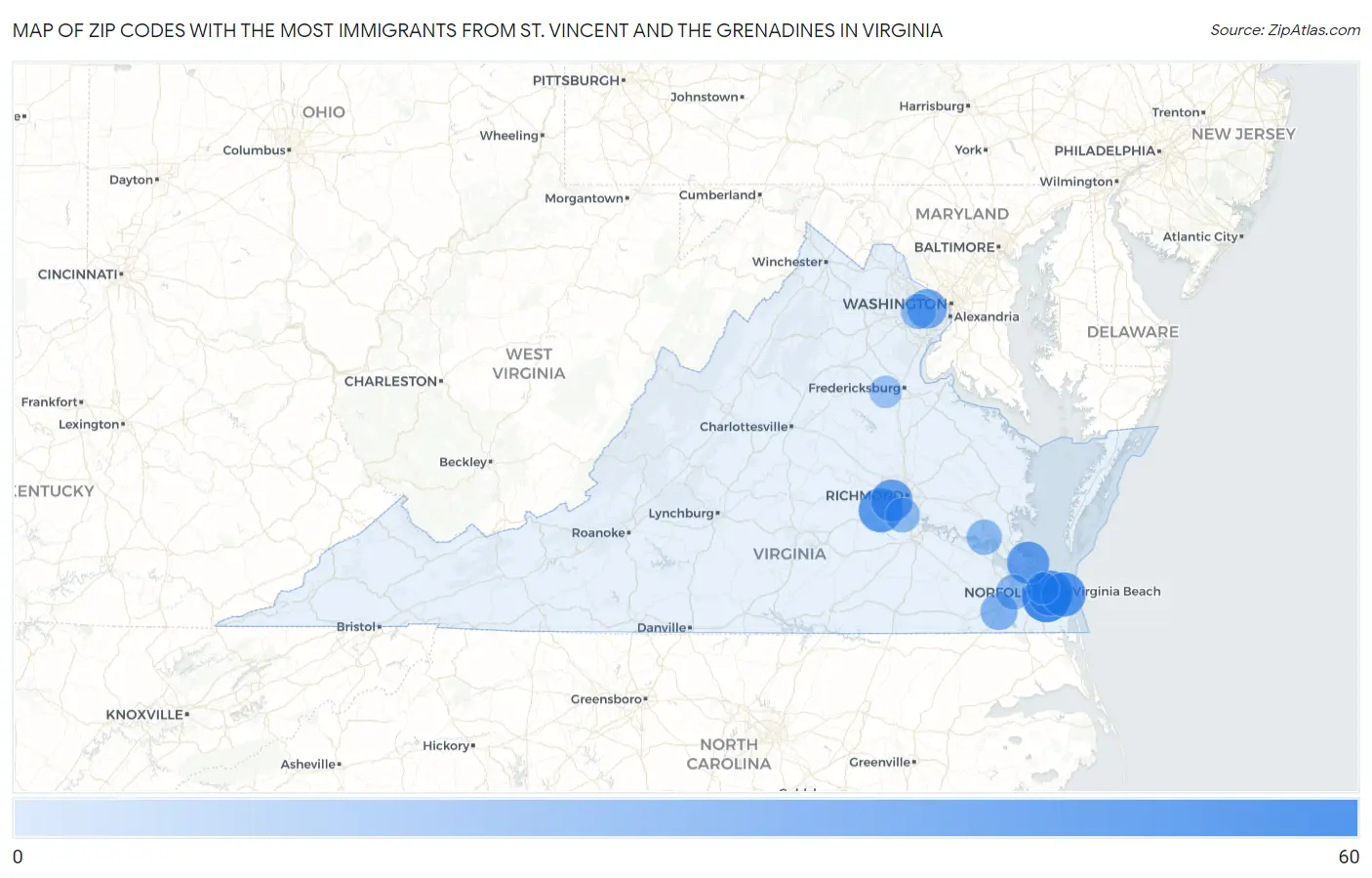 Zip Codes with the Most Immigrants from St. Vincent and the Grenadines in Virginia Map