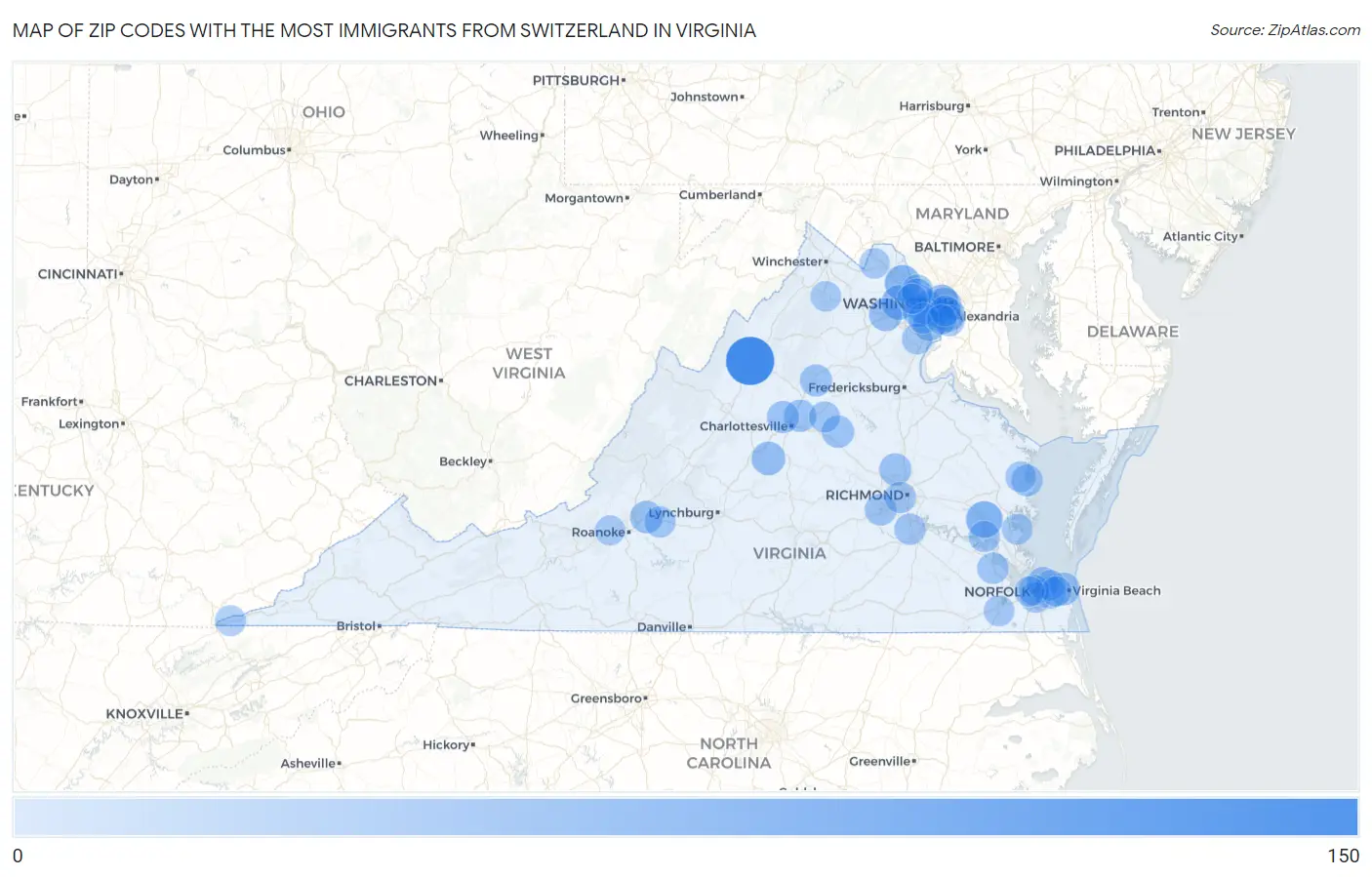 Zip Codes with the Most Immigrants from Switzerland in Virginia Map