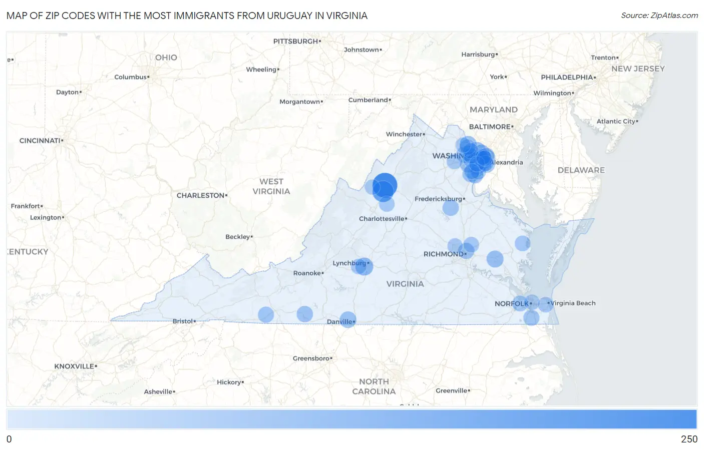Zip Codes with the Most Immigrants from Uruguay in Virginia Map