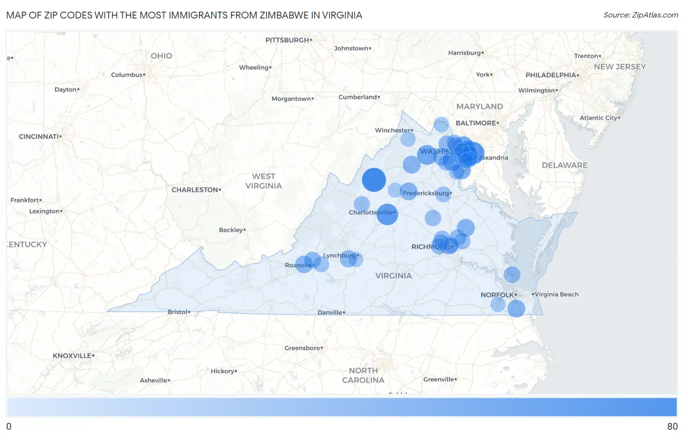 Zip Codes with the Most Immigrants from Zimbabwe in Virginia Map