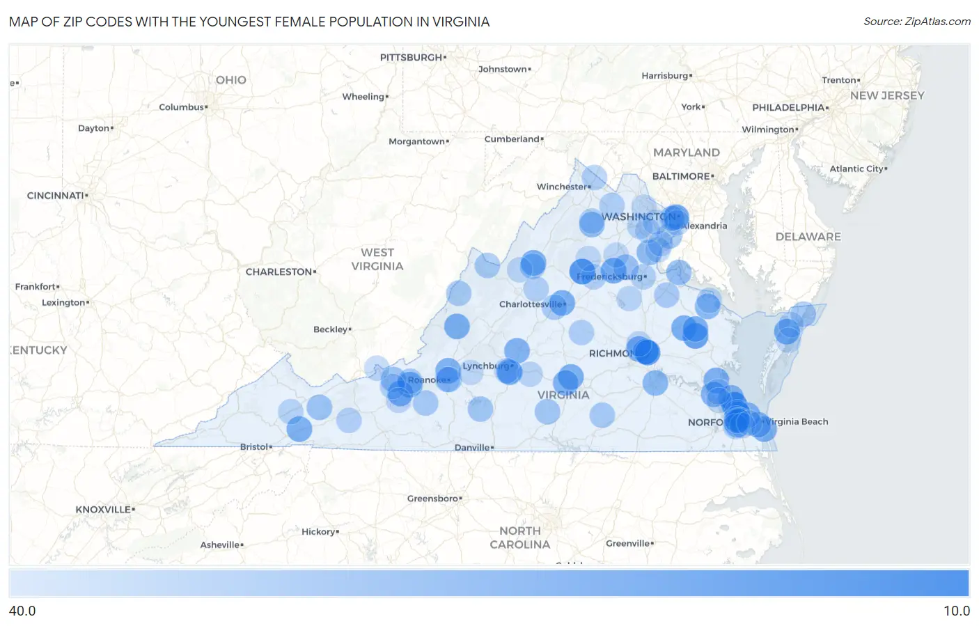 Zip Codes with the Youngest Female Population in Virginia Map