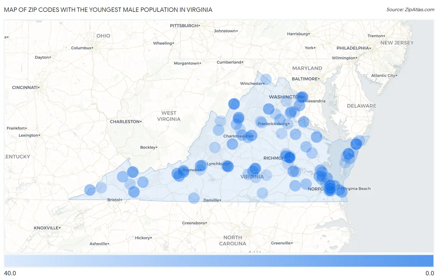 Zip Codes with the Youngest Male Population in Virginia Map