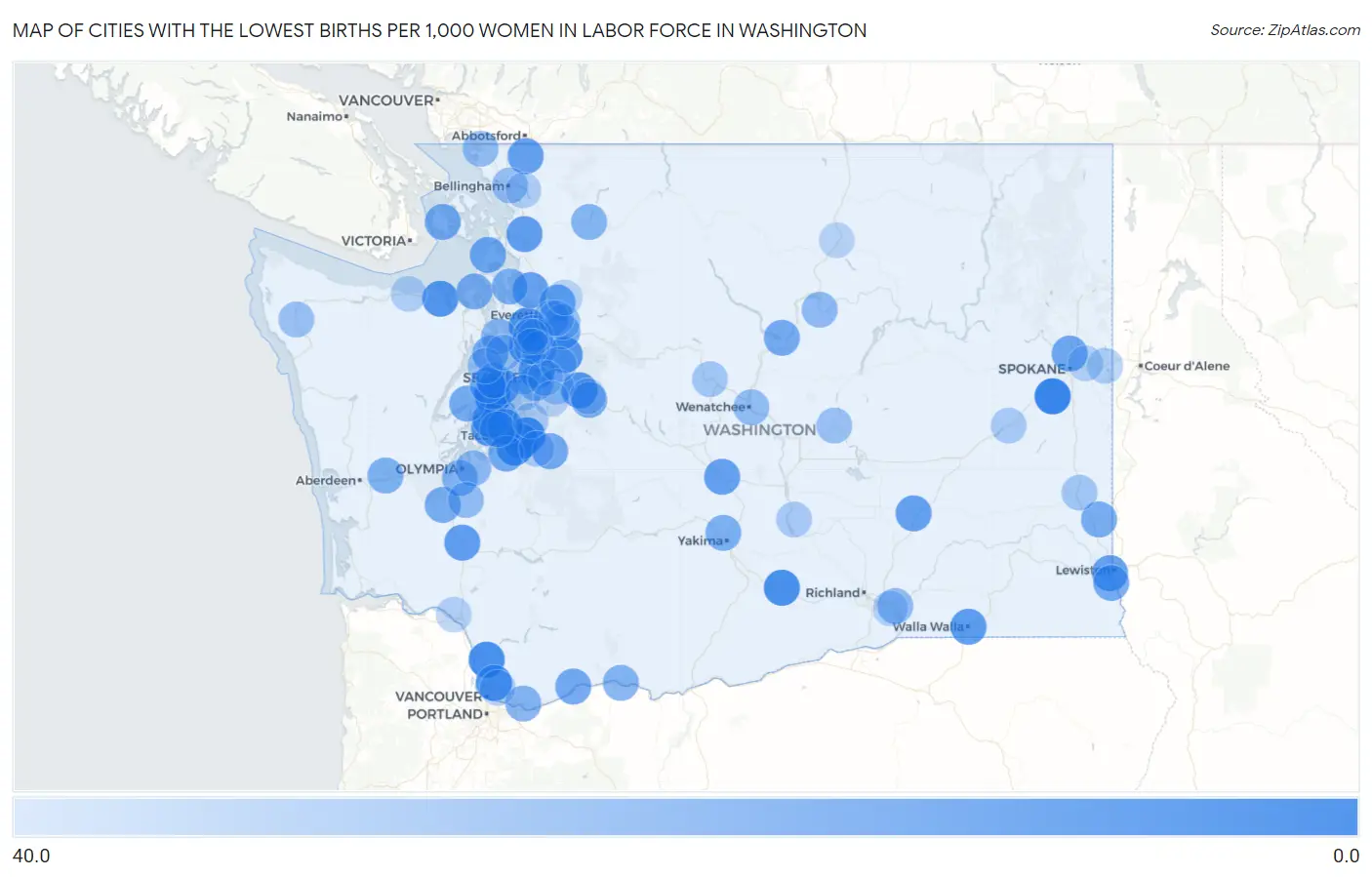 Cities with the Lowest Births per 1,000 Women in Labor Force in Washington Map