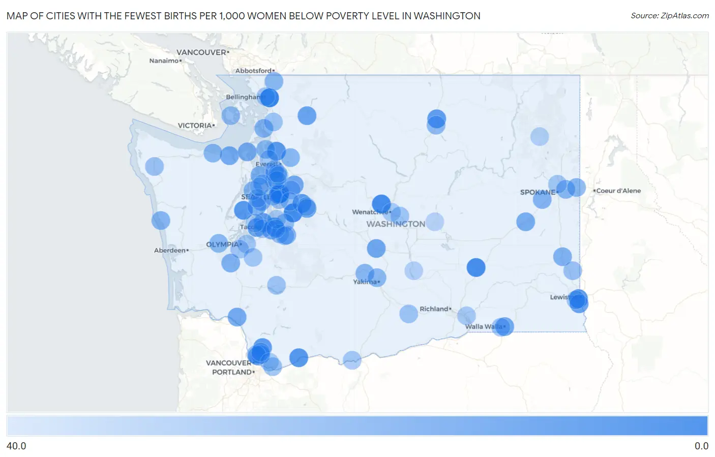 Cities with the Fewest Births per 1,000 Women Below Poverty Level in Washington Map