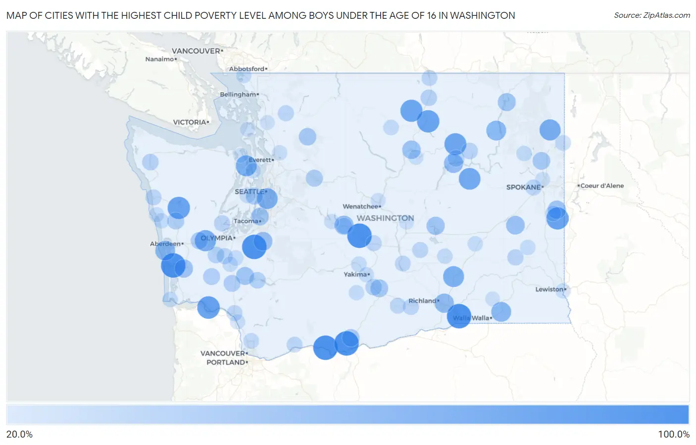 Cities with the Highest Child Poverty Level Among Boys Under the Age of 16 in Washington Map